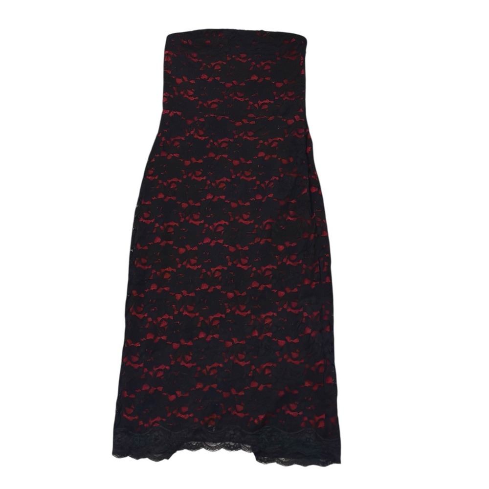 EXPRESS  Black Red Lace Strapless Pullover Midi Tube Dress Bodycon Romantic SZ 2